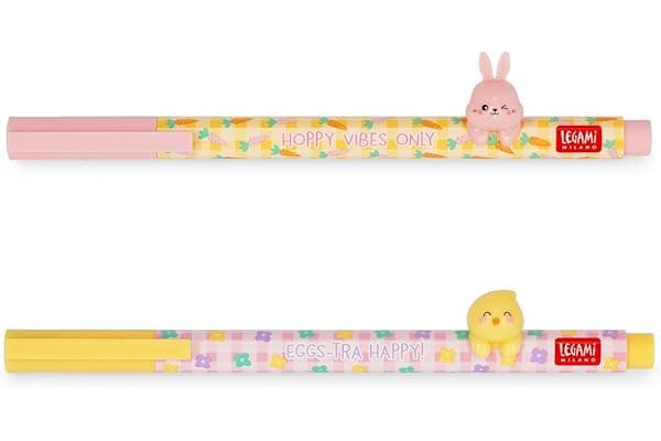 Legami - Set di 2 Penne Gel Lovely Friends, Hoppy Easter, Edizione Limitata, Animaletto Decorativo Rimovibile e Ricombinabile, Evita il Rotolamento, Inchiostro Rosa e Viola