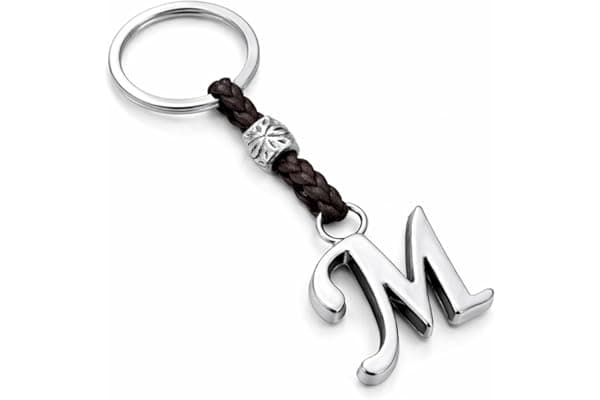 ASTER ALHELÍ - Portachiavi con Iniziali del Nome Personalizzato - Portachiavi Cuoio Lettere e Perline in zama placcate in Argento - Uomo o da Donna con Iniziale - Ideale per i Regali (M)