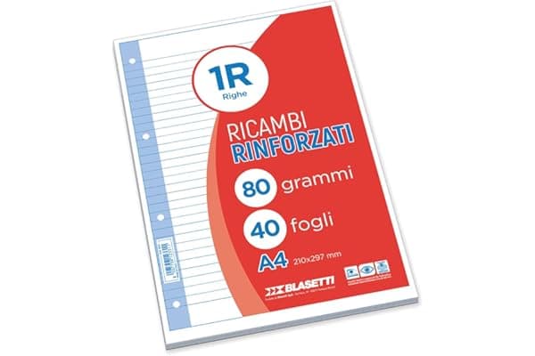 Blasetti Ricambi Rinforzati - Confezione da 40 fogli a righe formato A4, Rigatura 1R, fogli di ricambio per raccoglitori e copertine ad anelli, fogli di carta ricaricabili da 80gr