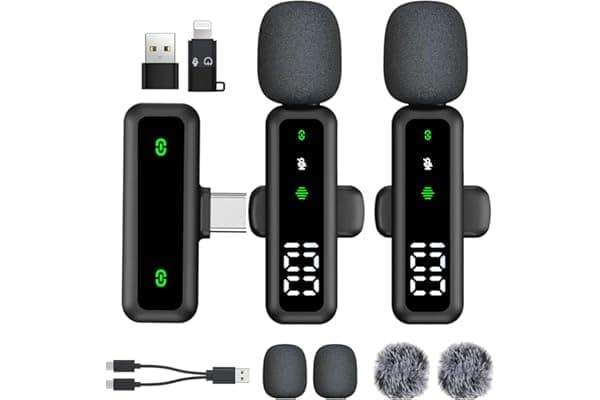 Microfono lavalier wireless con display a LED, microfono Lavalier con clip con riduzione del rumore, per registrazione video, Tiktok, Youtube, Vlog Podcast Content Creator (nero)