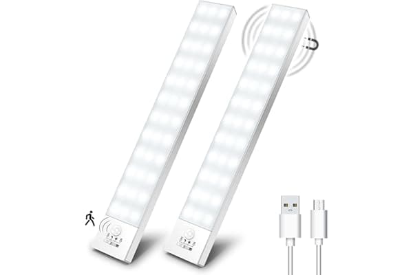OUILA Luce Armadio LED con Sensore di Movimento Luci Notturna 36 LED 4 Modalità Lampada Guardaroba Luce da Esposizione 1000mAh USB Ricaricabile Cucina, Scale, Corridoio, Garage - 23cm*2 Pezzi
