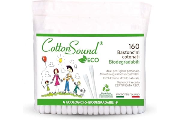 COTTON SOUND ECO Bastoncini Cotonati Busta 1 confezione x 160 Pezzi, Bastoncini Cotonati Ecologici e Biodegradabili, 100% Puro Cotone Idrofilo, Busta Compostabile, Made in Italy