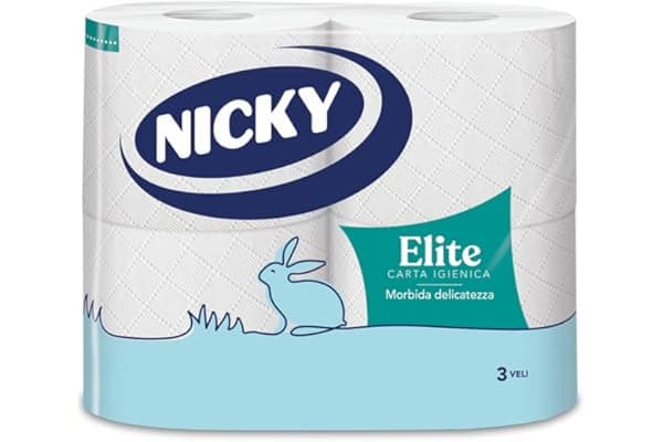 Nicky Elite - 4 Rotoli di Carta Igienica, 170 Soffici Fogli a 3 Veli, Morbida e Resistente a Contatto con la Pelle, Dermatologicamente Testata, Carta 100% Certificata FSC