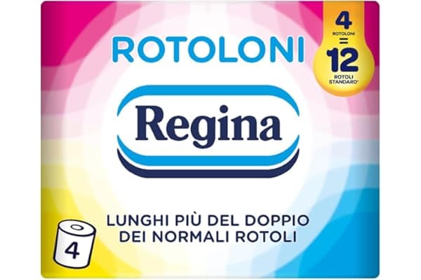 Regina Rotoloni - 4 Maxi Rotoli di Carta Igienica, 500 Fogli a 2 Veli, Lunghi Più del Doppio dei Normali Rotoli, Confezione 50% in Plastica Riciclata, Carta 100% Certificata FSC