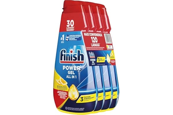 Finish Powergel Gel Detersivo per Lavastoviglie Liquido, Multiazione, Poteri Sgrassanti, Gel Lavastoglie al Limone, 120 Lavaggi, 4 Confezioni da 30 Lavaggi