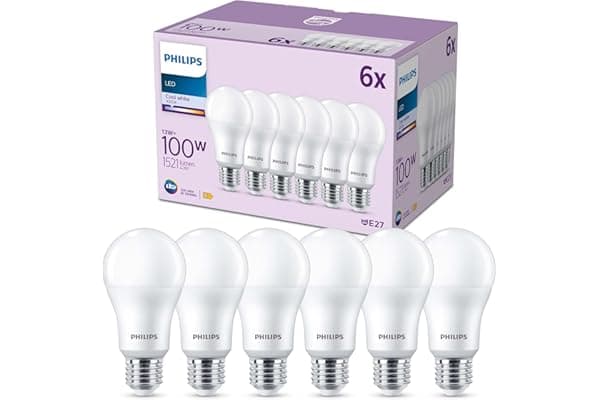 Philips LED E27, confezione da 6 lampadine, equivalente a 100 W, lampadine LED smerigliate, Plastica, Luce Bianca Naturale 4000K, LED a risparmio energetico con lunga durata