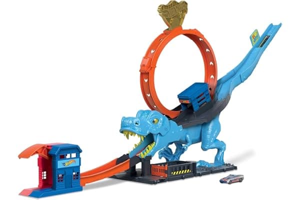 Hot Wheels - Hot Wheels City Pista con 1 macchinina, sfreccia attraverso un loop gigante per sconfiggere il mega dinosauro, pista acrobatica da corsa con T-Rex, giocattolo per bambini 4+ Anni, HNP77