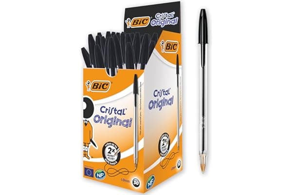 BIC Cristal Original, Penne Nere a Sfera, Punta Media, 1 mm, Confezione 50 Penne, Fornitura per Cancelleria Scuola e Ufficio