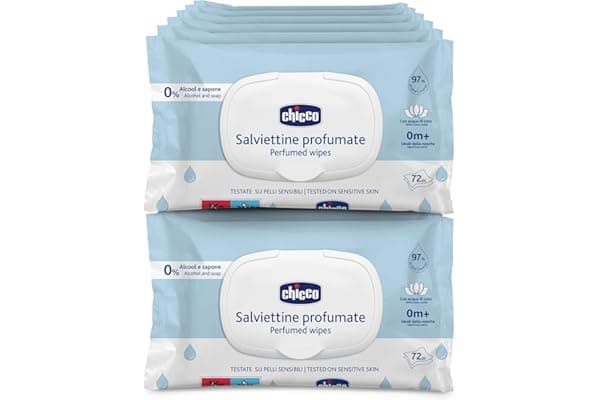 Chicco Salviette multiuso per neonati con placca senza alcool, profumate per pelli sensibili, confezione multipla da 864 salviette, 12 confezioni da 72 panni