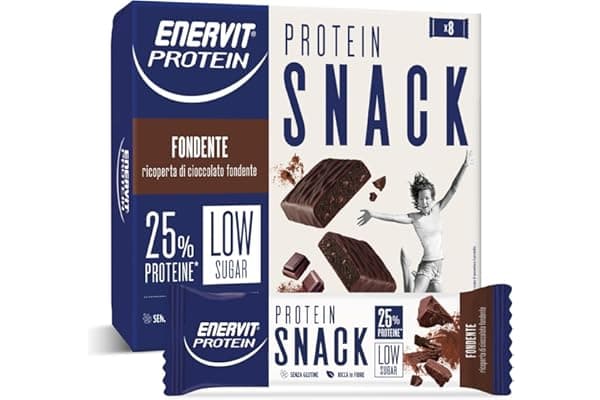 Enervit, Protein Snack al Cioccolato Fondente, Low Sugar, Barrette Proteiche, Per uno Spuntino Goloso e Per il Controllo del Peso, Ricche in Fibre, Senza Glutine, 8 Barrette da 27g