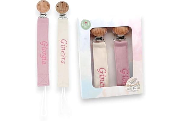 Filo e Poesia Catenella Portaciuccio Con Nome, Personalizzata con nome ricamato, tanti modelli e colori Portaciuccio da poter scegliere, ottima idea regalo per Baby Shower. 2 Pezzi (Rosa-Beige)