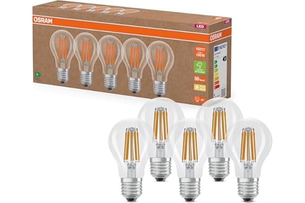 OSRAM Lampade LED ad alta efficienza con classe di efficienza energetica A, Confezione vantaggiosa con 5 lampadine, sostituzione 100W, bianco caldo (2700K), E27,vetro a filamento