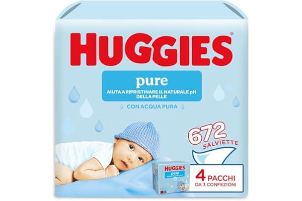 Huggies Pure, Salviette neonato, 99% acqua pura, 65% fibre assorbenti naturali, 672Pz (12 x 56)
