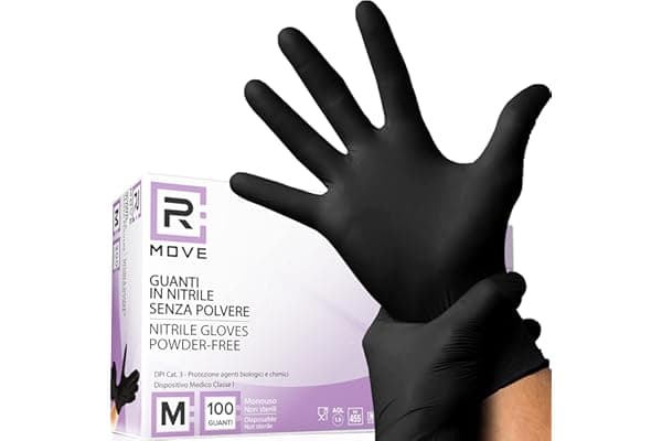 R MOVE 100 guanti in nitrile monouso neri M senza polvere, gloves ambidestri usa e getta per alimenti, non sterili, senza lattice, ipoallergenici - per ambiti medici, Estetisti, Tatuatori (M, Neri)