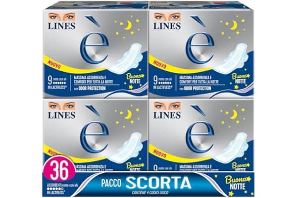 LINES È NOTTE con ali, Pacco scorta da 36 assorbenti per ciclo mestruale, l'unico con struttura in Lactifless, Assorbenza e comfort per tutta la notte, con Odor Protection