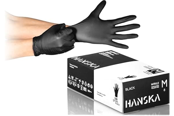 HANSKA 100 Guanti Monouso Nitrile Neri - Senza Polvere - Usa e Getta- Ambidestri - Non Sterili - Base di Gomma - Adatti per Ambiti Medici, Manipolazione degli Alimenti (100, M)