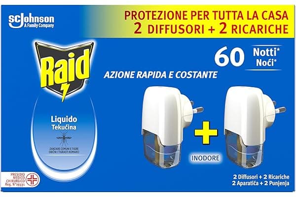 Raid Liquido Elettrico Antizanzare Comuni e Tigre, Inodore, Formato Convenienza, Confezione da 2 Diffusori e 2 Ricariche, 60 Notti
