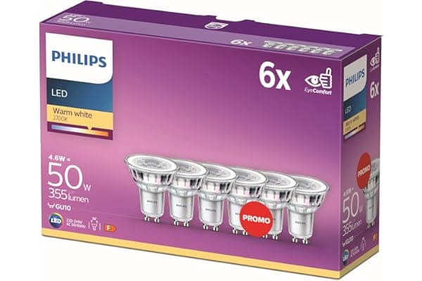 Philips LED, Faretto, 6 pz, equivalente a 50W, attacco GU10, Luce Bianca Calda