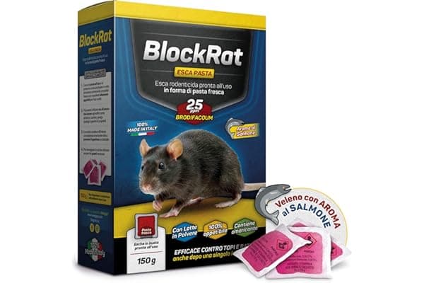 Veleno per Topi Professionale, Esca Topicida Ratticida in Bustine di Pasta Fresca, Novità Aroma al Salmone, Rodenticida Potente Rosso, Uso Esterno ed Interno, 100% Made in Italy - BlockRat 150 g