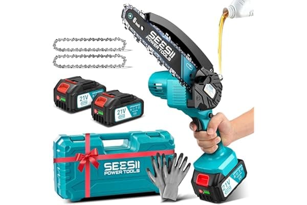 SEESII Mini Motosega a Batteria 6 Pollici, 2 x 4000mAh Motosega Elettrica per Potatura con Pompetta Olio e Catena di Ricambio, 900W Motosega da Potatura per il Taglio del Legno Giardini