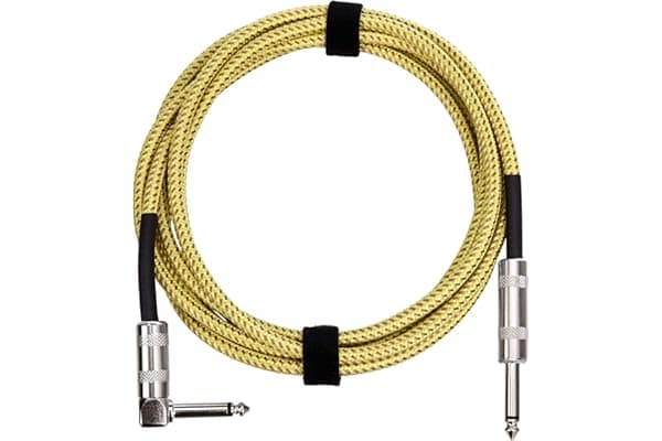 Amazon Basics Ausiliario Cavo per Chitarra Elettrica, Basso, Tastiere, Intrecciato, Connettore Angolato 6,35mm, Noiseless, 3 m, Giallo & Marrone