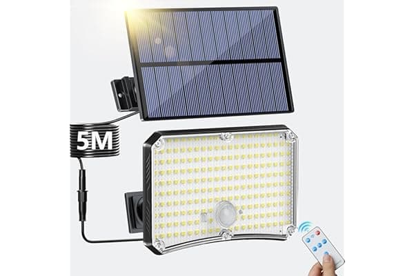 Lampada Solare da Esterno - 200LED Luce Solare LED Esterno con Sensore di Movimento 2200mAh 4 Modes Telecomando Faretto LED da Esterno Solare con Pannello, Luci da Esterno Giardino Solari con 5M Cavo