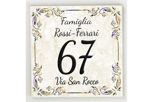 Numero Civico in Ceramica, Targa Decorativa PERSONALIZZABILE,Numero Civico su Mattonella in Ceramica 11x11cm, 15x15cm, 20x20cm con Indirizzo e Nome Famiglia Personalizzato,Numeri Civici Moderni.