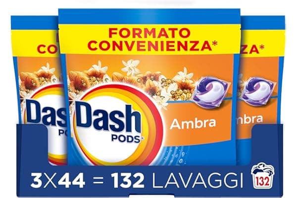 Dash Pods Detersivo Lavatrice In Capsule, 132 Lavaggi (3x44), Ambra, Rimuove le Macchie, Igienizza, Dona Freschezza, Brillantezza Per I Capi