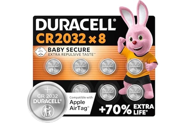 Duracell Batterie a moneta al litio 3V CR2032 (8 pz.) - Fino a +70% di durata - Tecnologia Baby Secure - Per Apple AirTag, chiavi auto, dispositivi domestici, sportivi e medici - A prova di bimbo