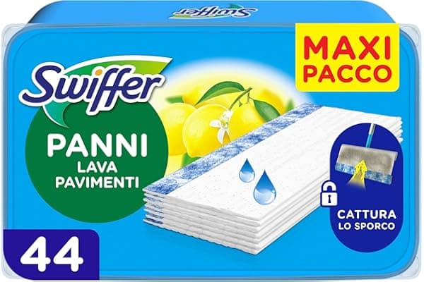 Swiffer Wet Lavapavimenti, 44 Panni Umidi, Limone, Maxi Formato, Lava Pavimenti, Pulizia Igienica Profonda, Rimuove Sporco e Batteri, per Tutti I Tipi di Pavimenti